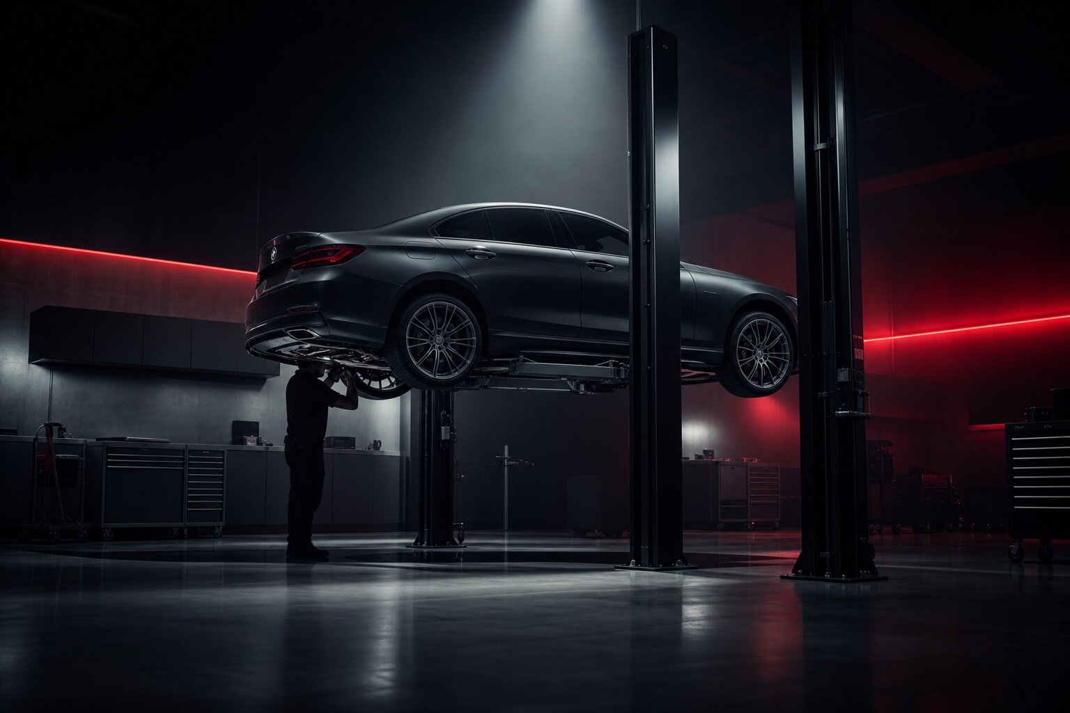 Car on a lift at the CS Autoworks workshop